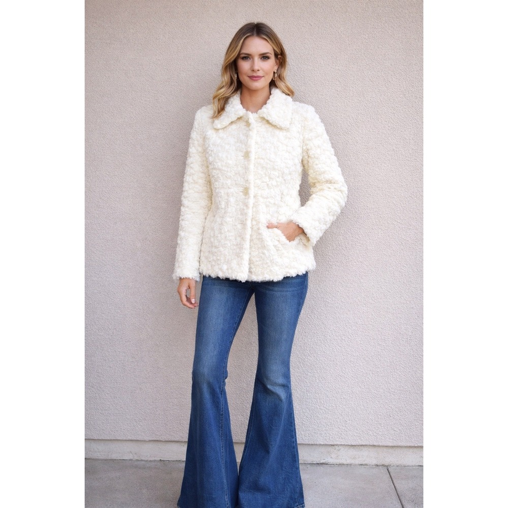 Pandora Ivory Faux Fur Teddy Jacket Vintage Y2K Curly Plush Coat Large USA